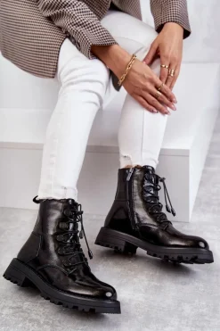 Damskie Lakierowane Ocieplane Botki Ze Ściągaczem Czarne Helia