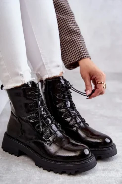 Damskie Lakierowane Ocieplane Botki Ze Ściągaczem Czarne Helia