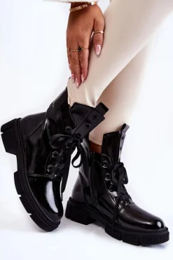 Damskie Lakierowane Ocieplane Botki Workery Czarne Efemia