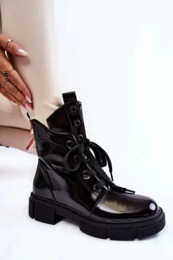 Damskie Lakierowane Ocieplane Botki Workery Czarne Efemia
