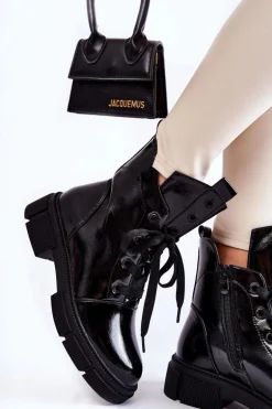 Damskie Lakierowane Ocieplane Botki Workery Czarne Efemia