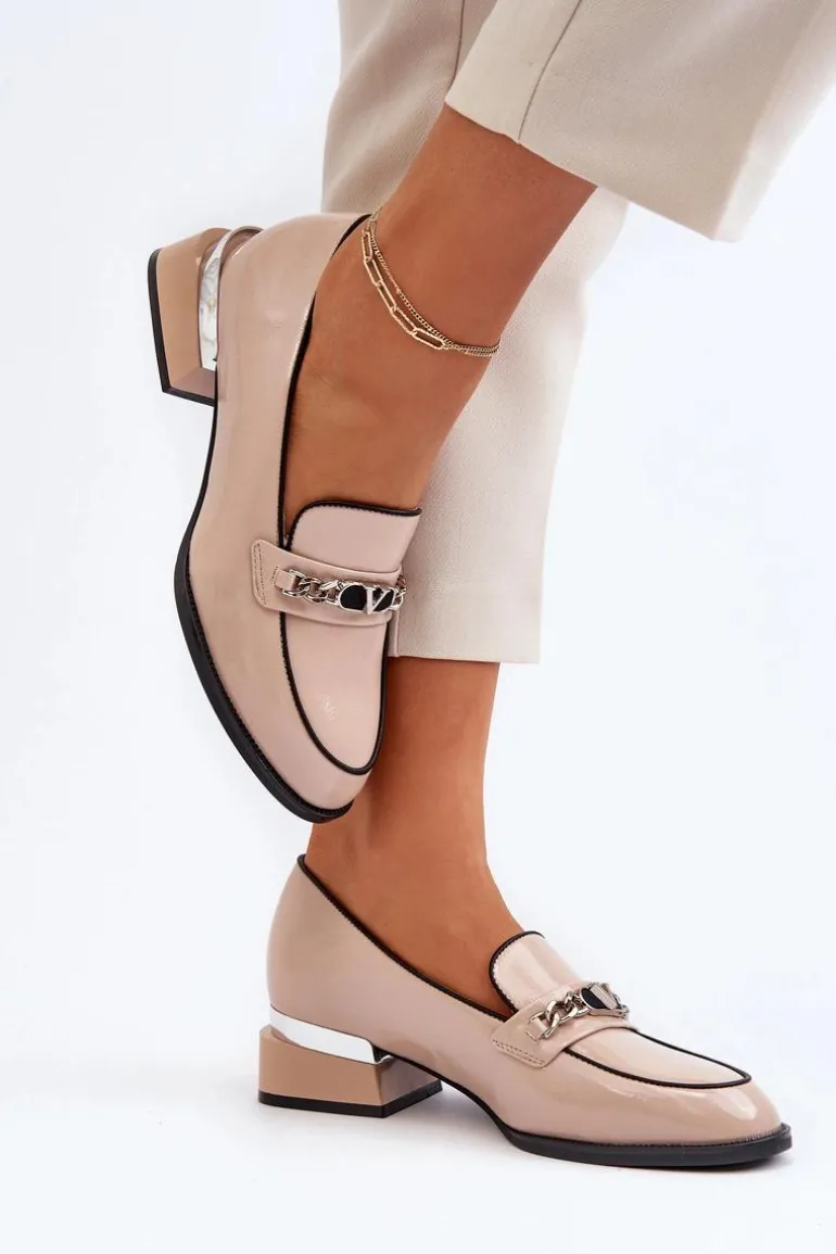 Damskie Lakierowane Półbuty Na Niskim Obcasie Beżowe Albreide