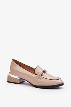 Damskie Lakierowane Półbuty Na Niskim Obcasie Beżowe Albreide