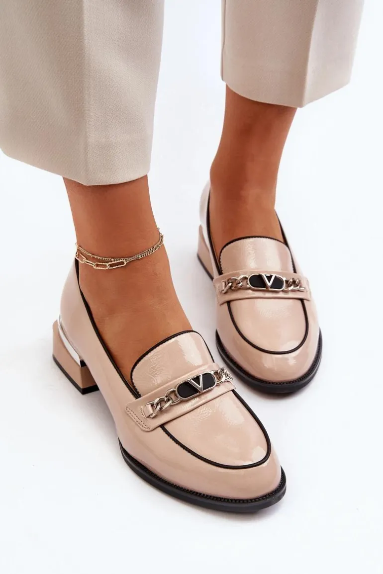 Damskie Lakierowane Półbuty Na Niskim Obcasie Beżowe Albreide