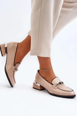 Damskie Lakierowane Półbuty Na Niskim Obcasie Beżowe Albreide