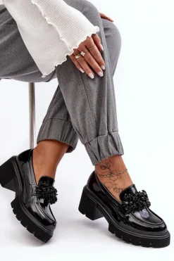 Damskie Lakierowane Półbuty Z Ozdobą Czarne Renesma