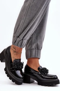 Damskie Lakierowane Półbuty Z Ozdobą Czarne Renesma