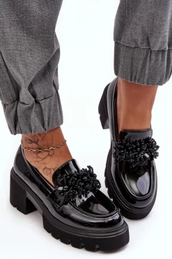 Damskie Lakierowane Półbuty Z Ozdobą Czarne Renesma