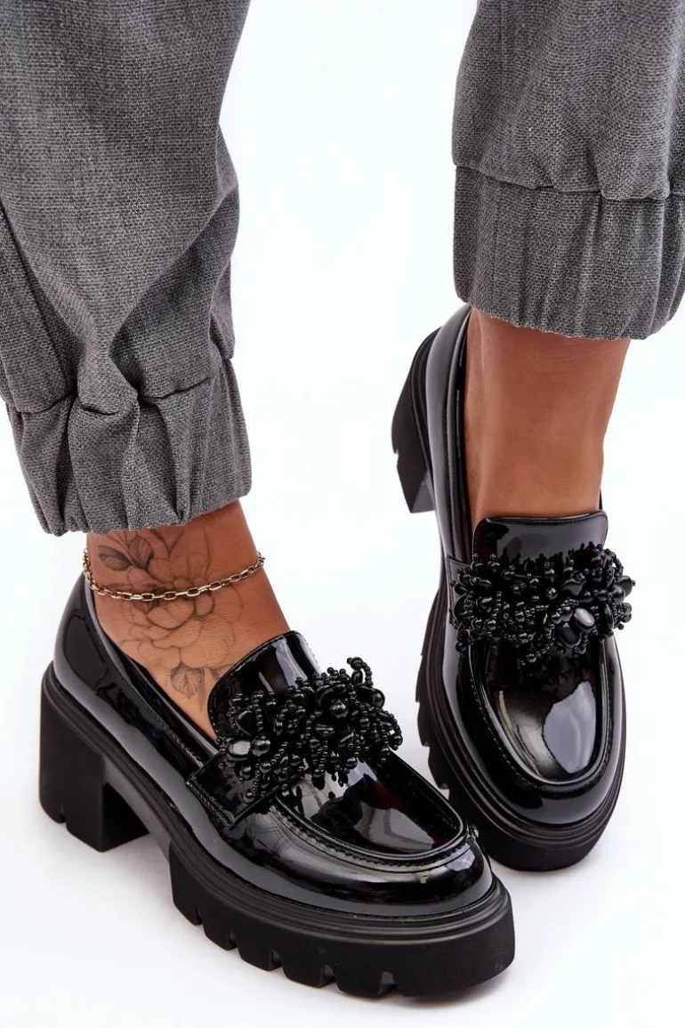 Damskie Lakierowane Półbuty Z Ozdobą Czarne Renesma