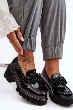 Damskie Lakierowane Półbuty Z Ozdobą Czarne Renesma