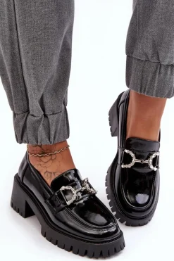 Damskie Lakierowane Półbuty Na Masywnym Obcasie Czarne Lemmitty