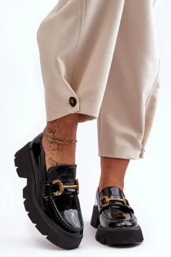 Damskie Lakierowane Półbuty Loafery Z Ozdobą Czarne Peuria