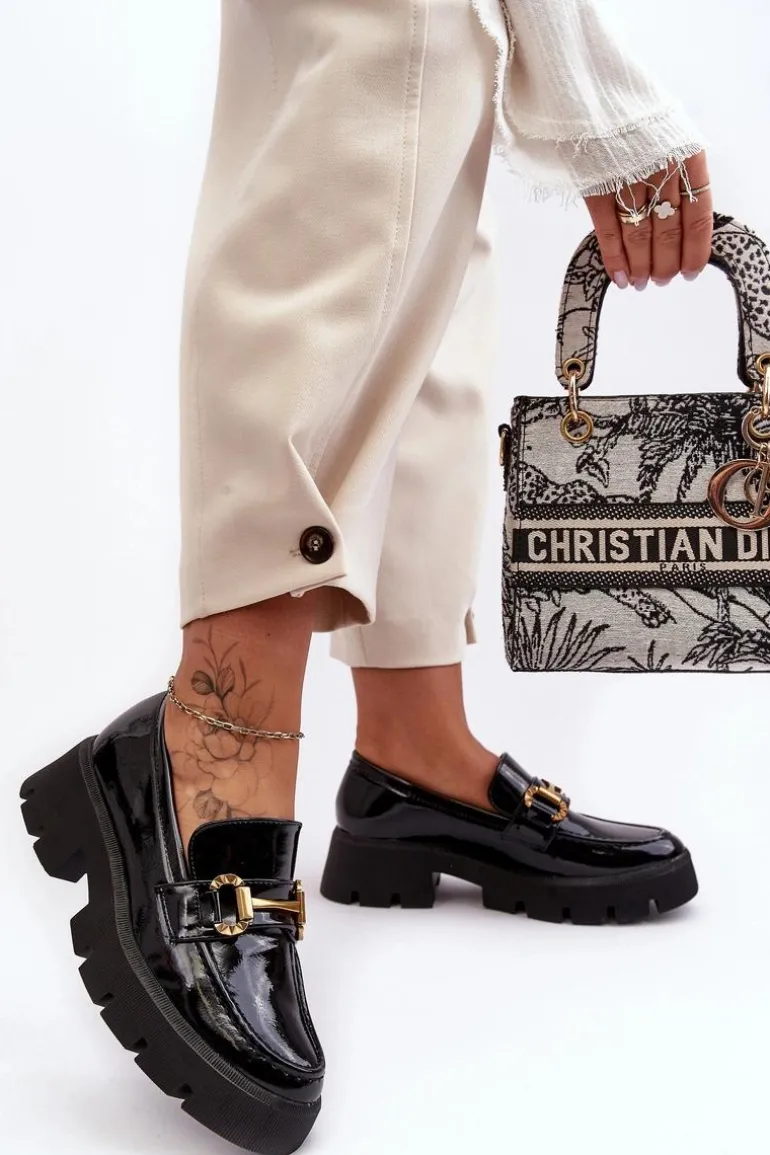 Damskie Lakierowane Półbuty Loafery Z Ozdobą Czarne Peuria