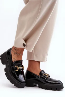 Damskie Lakierowane Półbuty Loafery Z Ozdobą Czarne Peuria