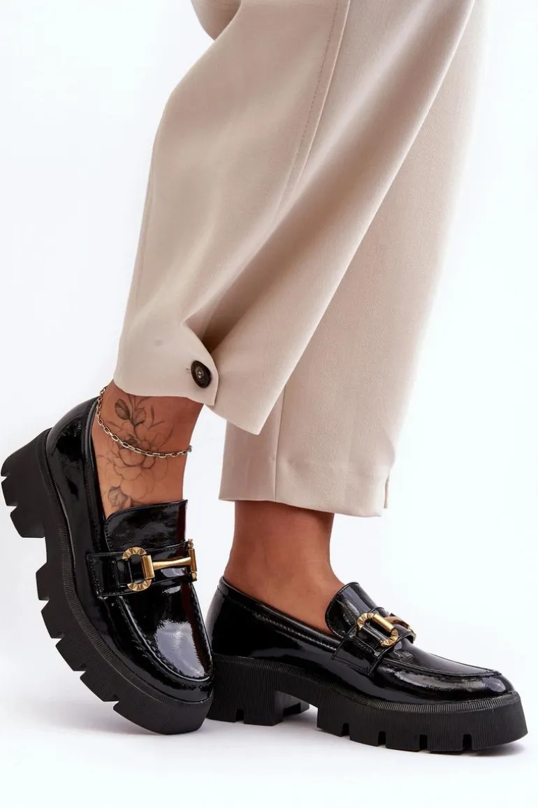 Damskie Lakierowane Półbuty Loafery Z Ozdobą Czarne Peuria