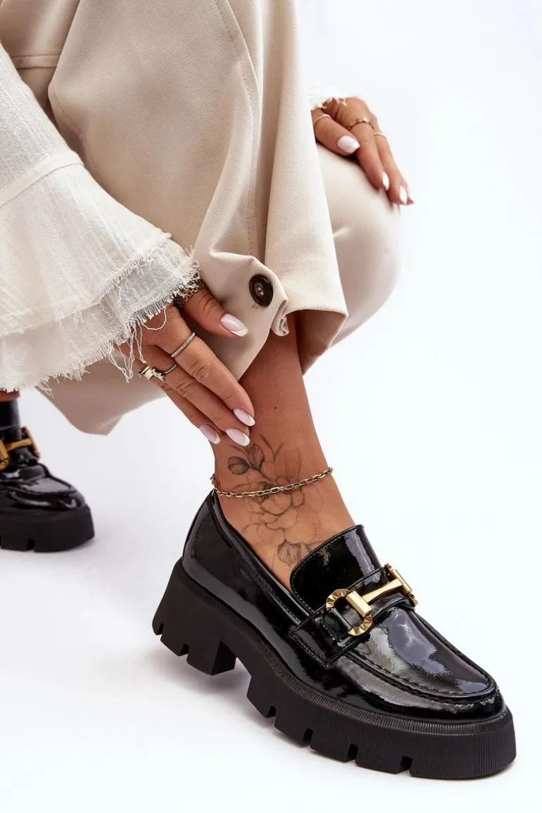 Damskie Lakierowane Półbuty Loafery Z Ozdobą Czarne Peuria