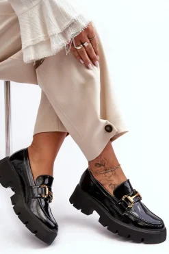 Damskie Lakierowane Półbuty Loafery Z Ozdobą Czarne Peuria