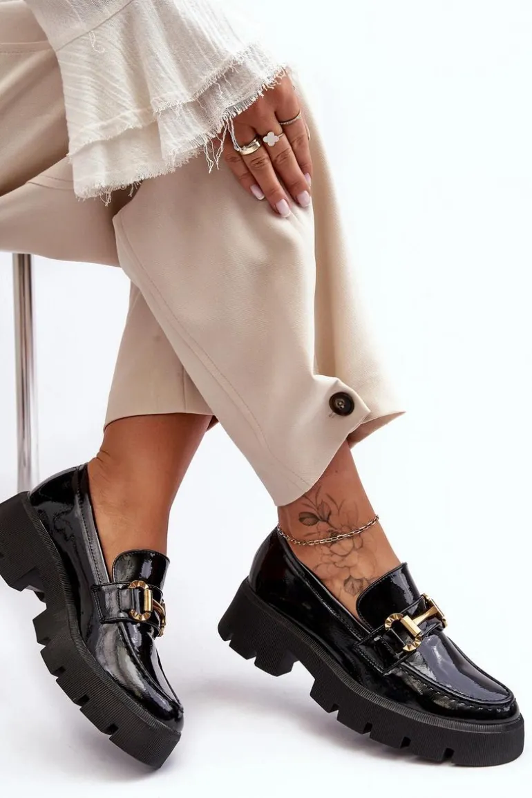 Damskie Lakierowane Półbuty Loafery Z Ozdobą Czarne Peuria