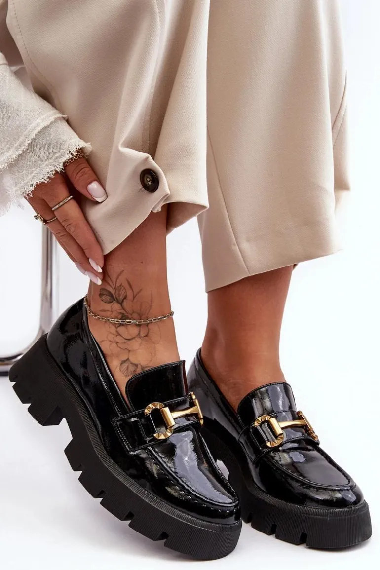 Damskie Lakierowane Półbuty Loafery Z Ozdobą Czarne Peuria