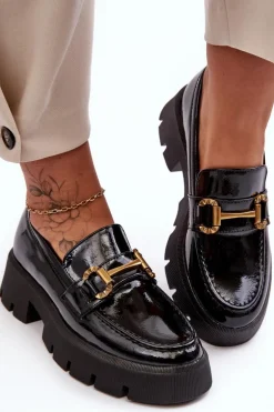 Damskie Lakierowane Półbuty Loafery Z Ozdobą Czarne Peuria