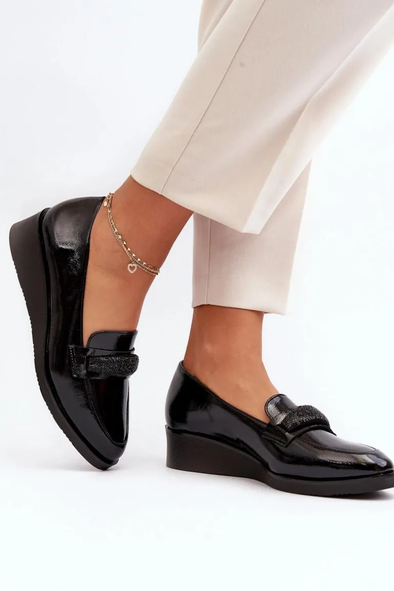 Damskie Lakierowane Półbuty Loafery Czarne Polike