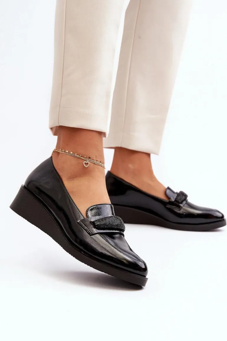Damskie Lakierowane Półbuty Loafery Czarne Polike