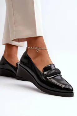 Damskie Lakierowane Półbuty Loafery Czarne Polike