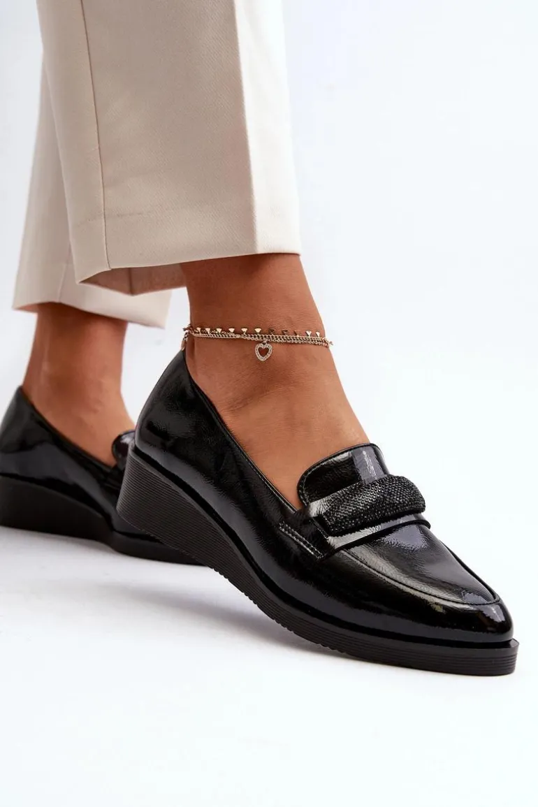Damskie Lakierowane Półbuty Loafery Czarne Polike