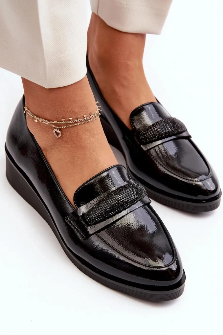 Damskie Lakierowane Półbuty Loafery Czarne Polike
