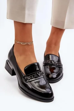 Damskie Lakierowane Półbuty Na Niskim Obcasie Czarne Albreide