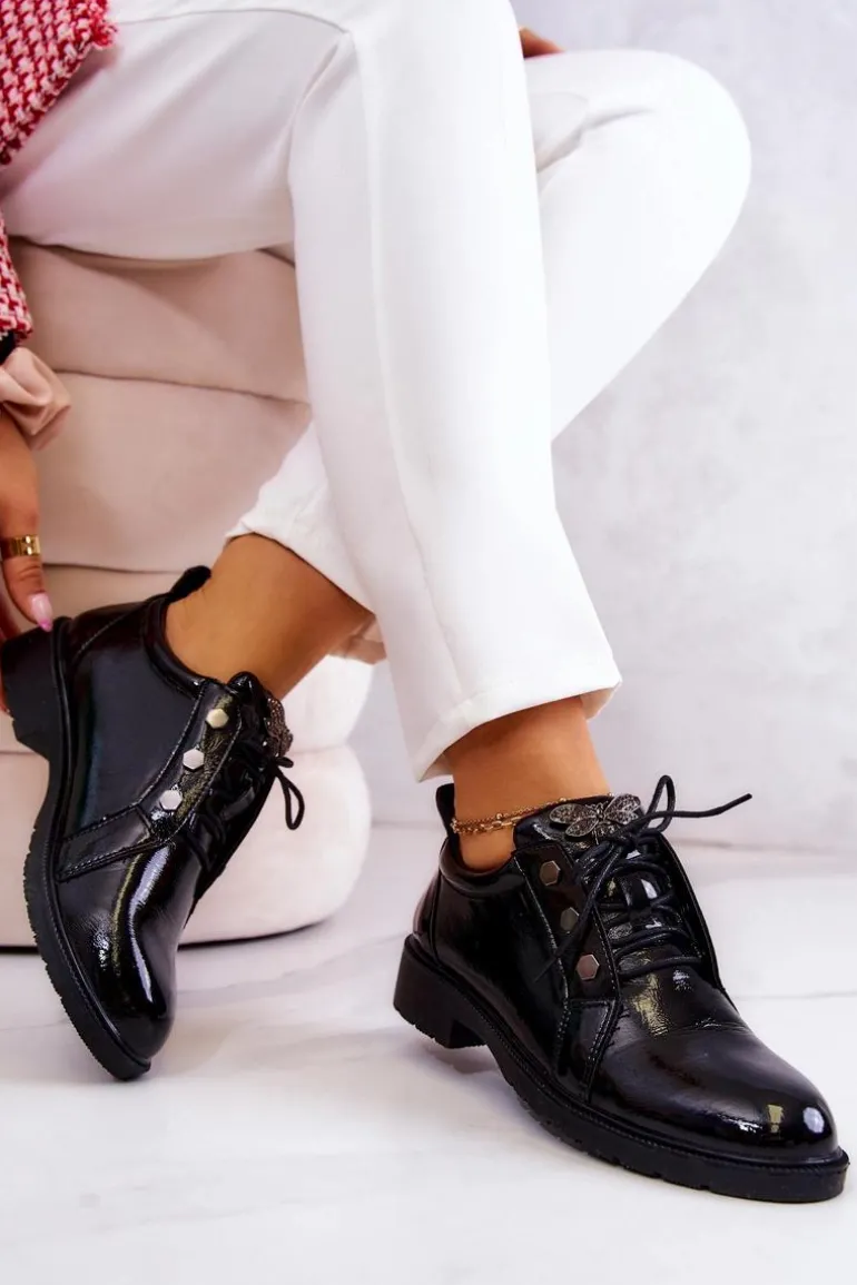 Damskie Lakierowane Półbuty Z Ozdobą Czarne Harvey