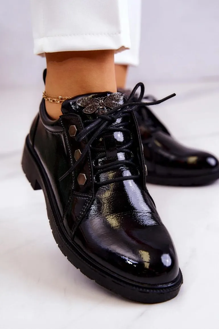 Damskie Lakierowane Półbuty Z Ozdobą Czarne Harvey