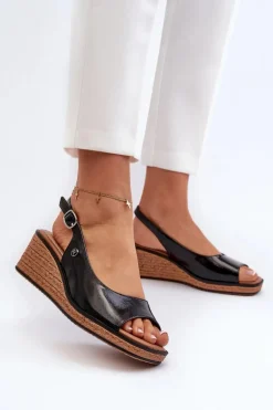 Damskie Lakierowane Sandały Na Koturnie Sergio Leone SK301 Czarne