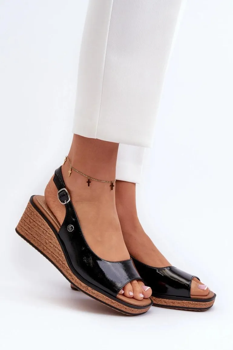 Damskie Lakierowane Sandały Na Koturnie Sergio Leone SK301 Czarne