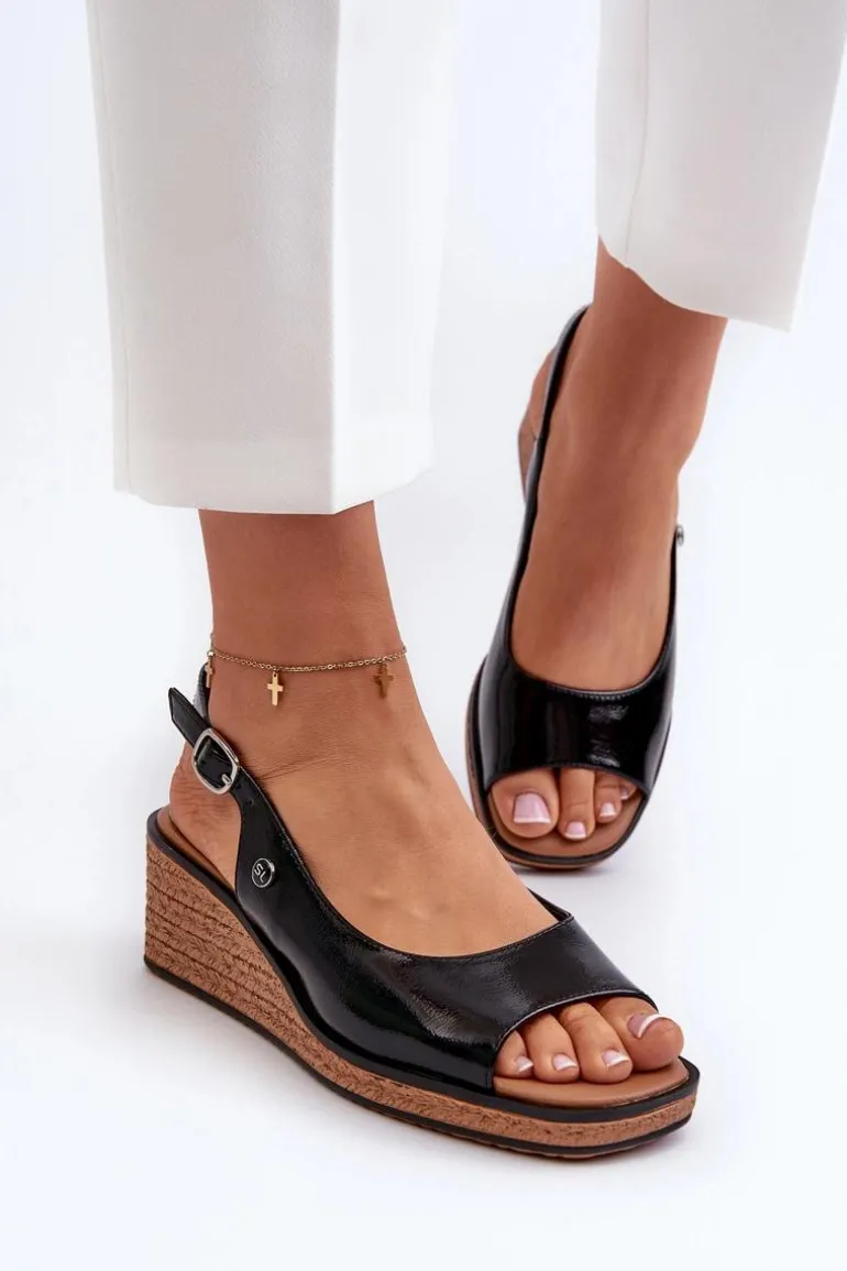 Damskie Lakierowane Sandały Na Koturnie Sergio Leone SK301 Czarne