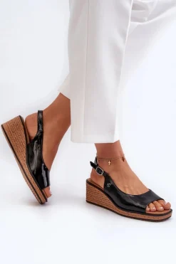 Damskie Lakierowane Sandały Na Koturnie Sergio Leone SK301 Czarne