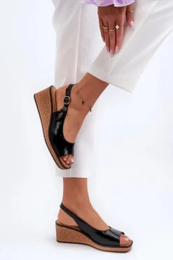 Damskie Lakierowane Sandały Na Koturnie Sergio Leone SK301 Czarne