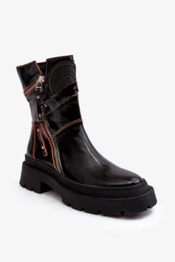 Damskie Lakierowane Skórzane Botki Z Suwakami Maciejka 06238-18 Czarne