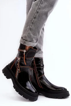 Damskie Lakierowane Skórzane Botki Z Suwakami Maciejka 06238-18 Czarne