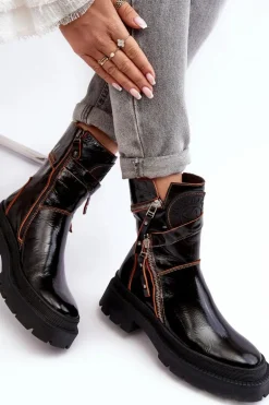 Damskie Lakierowane Skórzane Botki Z Suwakami Maciejka 06238-18 Czarne