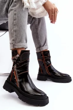 Damskie Lakierowane Skórzane Botki Z Suwakami Maciejka 06238-18 Czarne