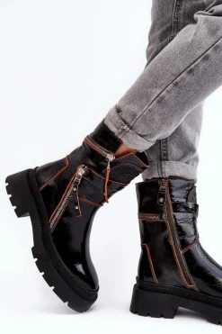 Damskie Lakierowane Skórzane Botki Z Suwakami Maciejka 06238-18 Czarne