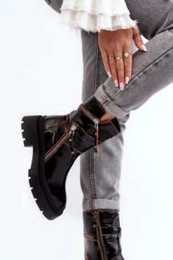 Damskie Lakierowane Skórzane Botki Z Suwakami Maciejka 06238-18 Czarne