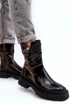 Damskie Lakierowane Skórzane Botki Z Suwakami Maciejka 06238-18 Czarne