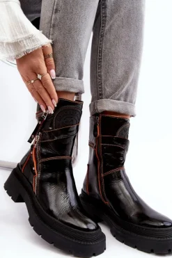 Damskie Lakierowane Skórzane Botki Z Suwakami Maciejka 06238-18 Czarne