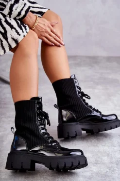 Damskie Lakierowane Workery Botki Ze Skarpetą Czarne Abigail