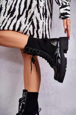 Damskie Lakierowane Workery Botki Ze Skarpetą Czarne Abigail