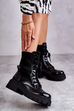 Damskie Lakierowane Workery Botki Ze Skarpetą Czarne Abigail