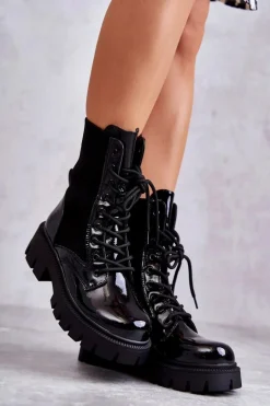 Damskie Lakierowane Workery Botki Ze Skarpetą Czarne Abigail