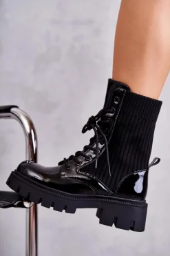 Damskie Lakierowane Workery Botki Ze Skarpetą Czarne Abigail